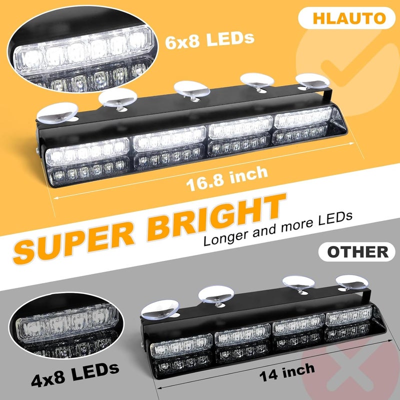 HLauto 604N Emergency Dash Strobe Lights: 2x16.8 inch White Security Light w/Take Down, 48 LED Safety Flashing Warning Hazard Interior Windshield Visor Light Bar for Trucks Vehicles - Image 2